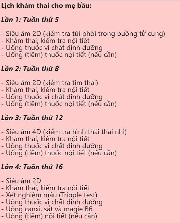 Lịch khám thai định kỳ và những xét nghiệm quan trọng